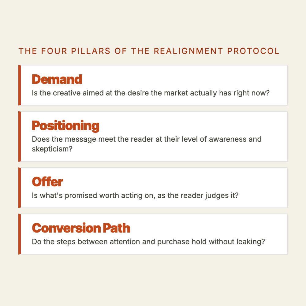 The four pillars of the Realignment Protocol: Demand, Positioning, Offer, and Conversion Path. Pillar labels in rust uppercase with a one-line description of what each pillar examines.